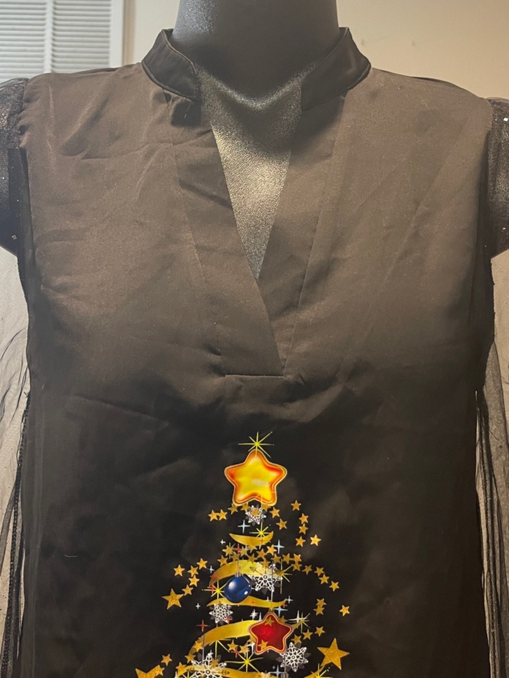 chic Black Sheer-Sleeve Top with Holiday Tree Graphic, Size Small - Picture 3 of 12